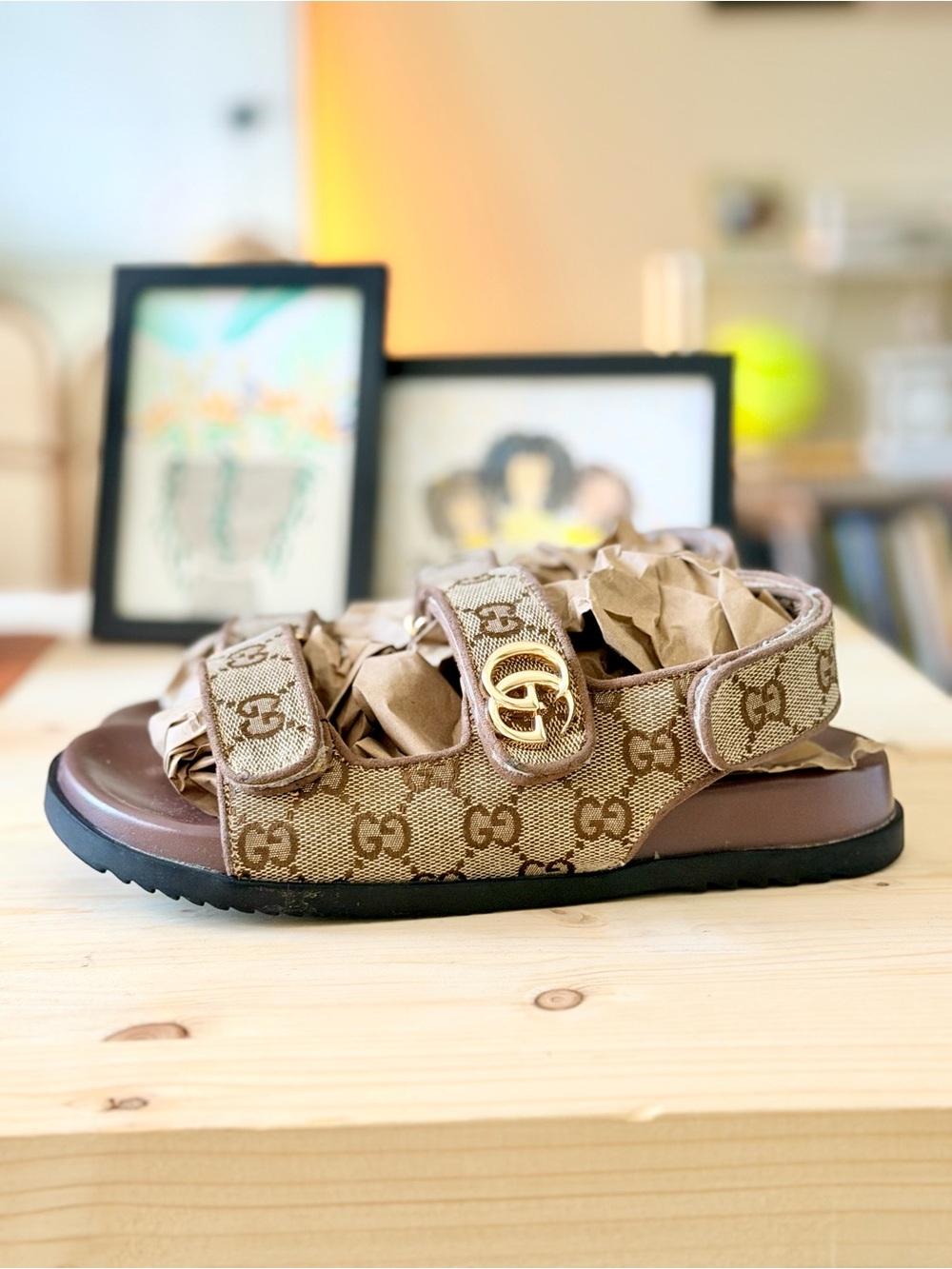 Gucci Brown GG Sandals with Gold Double G - Picture 4 of 5